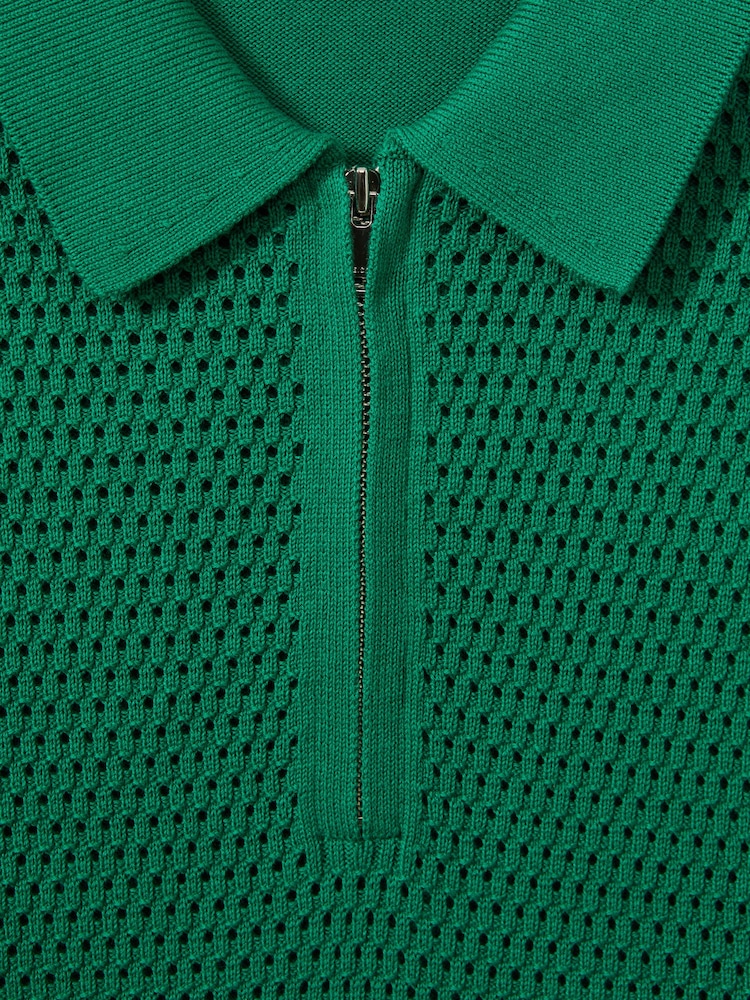 Reiss Bright Green Burnham Cotton Blend Textured Half Zip Polo Shirt - Image 6 of 6