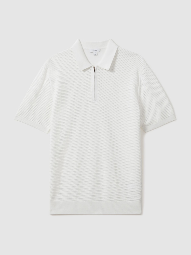 Reiss Optic White Burnham Cotton Blend Textured Half Zip Polo Shirt - Image 2 of 6