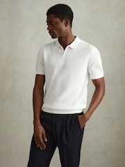Reiss Optic White Burnham Cotton Blend Textured Half Zip Polo Shirt - Image 4 of 6