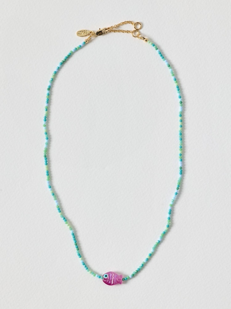 Oliver Bonas Blue Adara Fish Pendant Beaded Necklace - Image 1 of 3