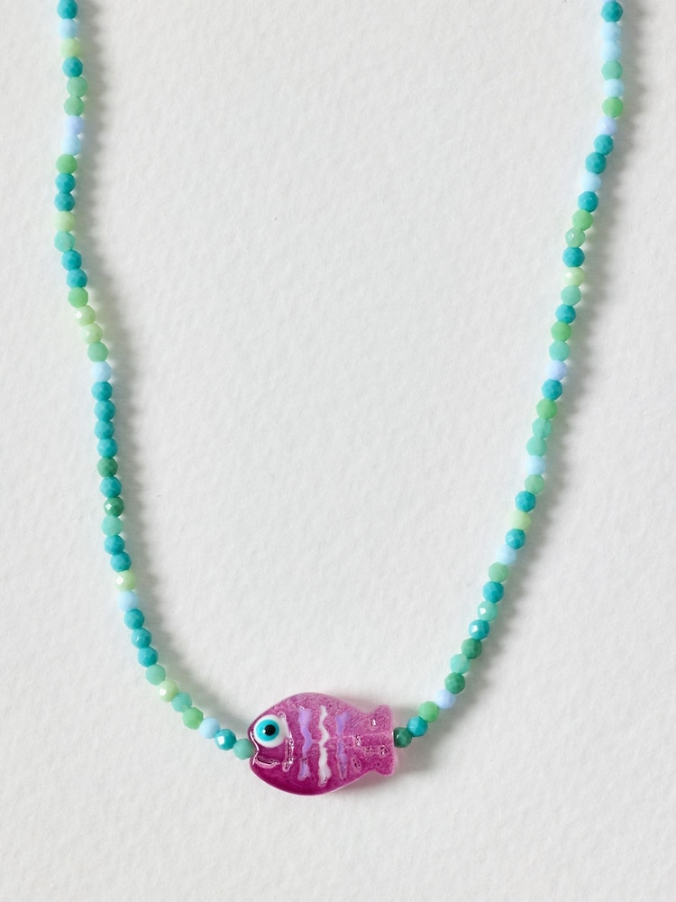 Oliver Bonas Blue Adara Fish Pendant Beaded Necklace - Image 2 of 3