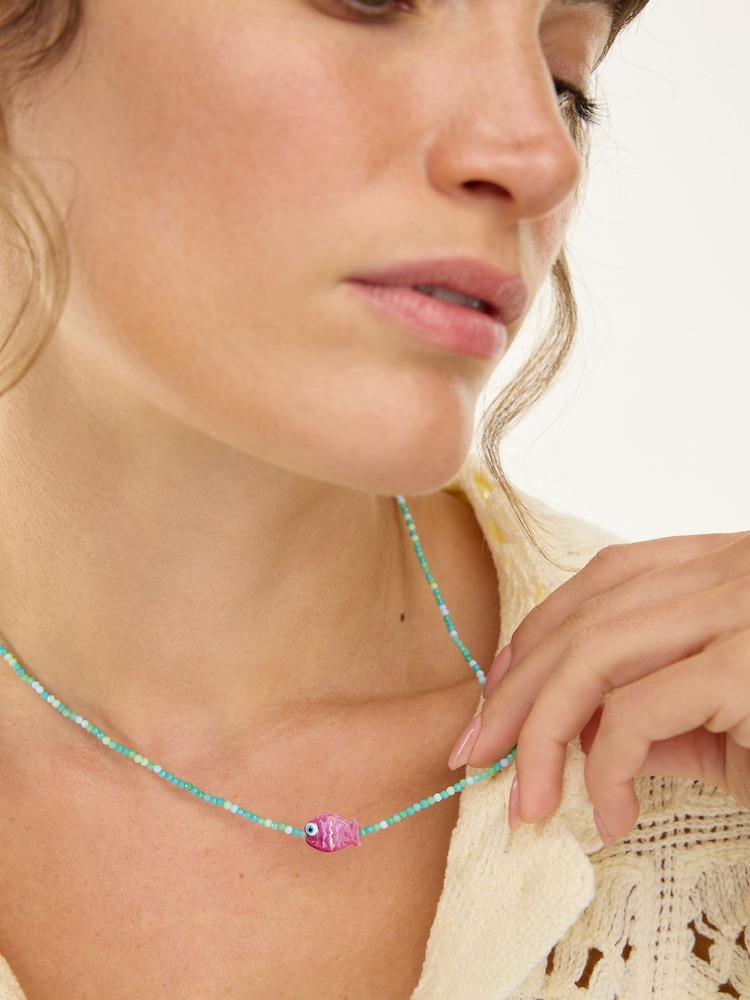 Oliver Bonas Blue Adara Fish Pendant Beaded Necklace - Image 3 of 3