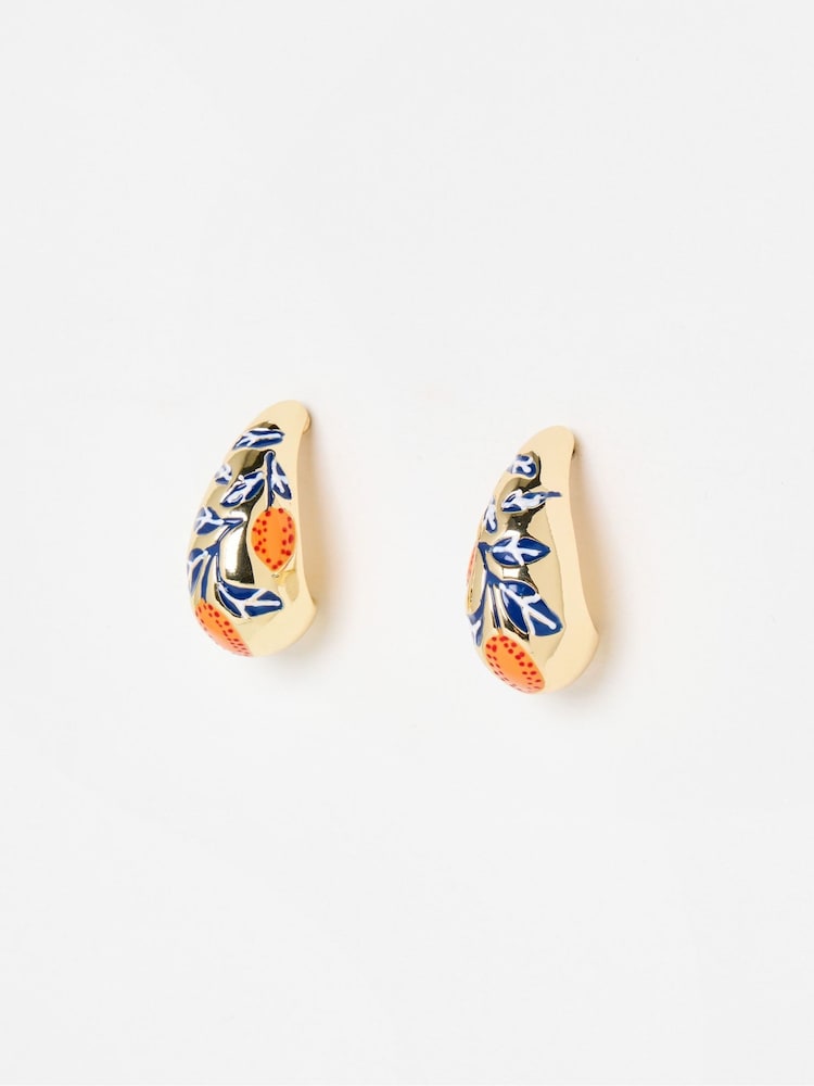 Oliver Bonas Orange Rina Enamel Inlay Gold Teardrop Stud Earrings - Image 1 of 5