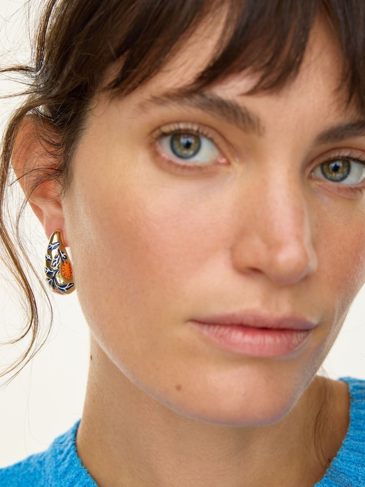 Oliver Bonas Orange Rina Enamel Inlay Gold Teardrop Stud Earrings - Image 5 of 5