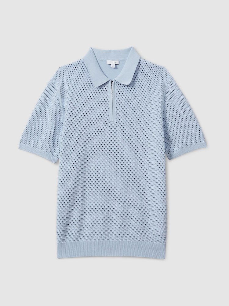 Reiss Soft Blue Burnham Cotton Blend Textured Half Zip Polo Shirt - Image 2 of 6