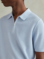 Reiss Soft Blue Burnham Cotton Blend Textured Half Zip Polo Shirt - Image 4 of 6