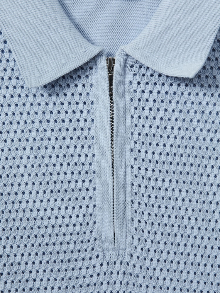 Reiss Soft Blue Burnham Cotton Blend Textured Half Zip Polo Shirt - Image 6 of 6