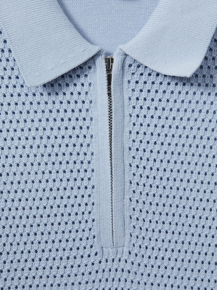 Reiss Soft Blue Burnham Cotton Blend Textured Half Zip Polo Shirt - Image 6 of 6 Reiss Soft Blue Burnham Cotton Blend Textured Half Zip Polo Shirt - Image 6 of 6