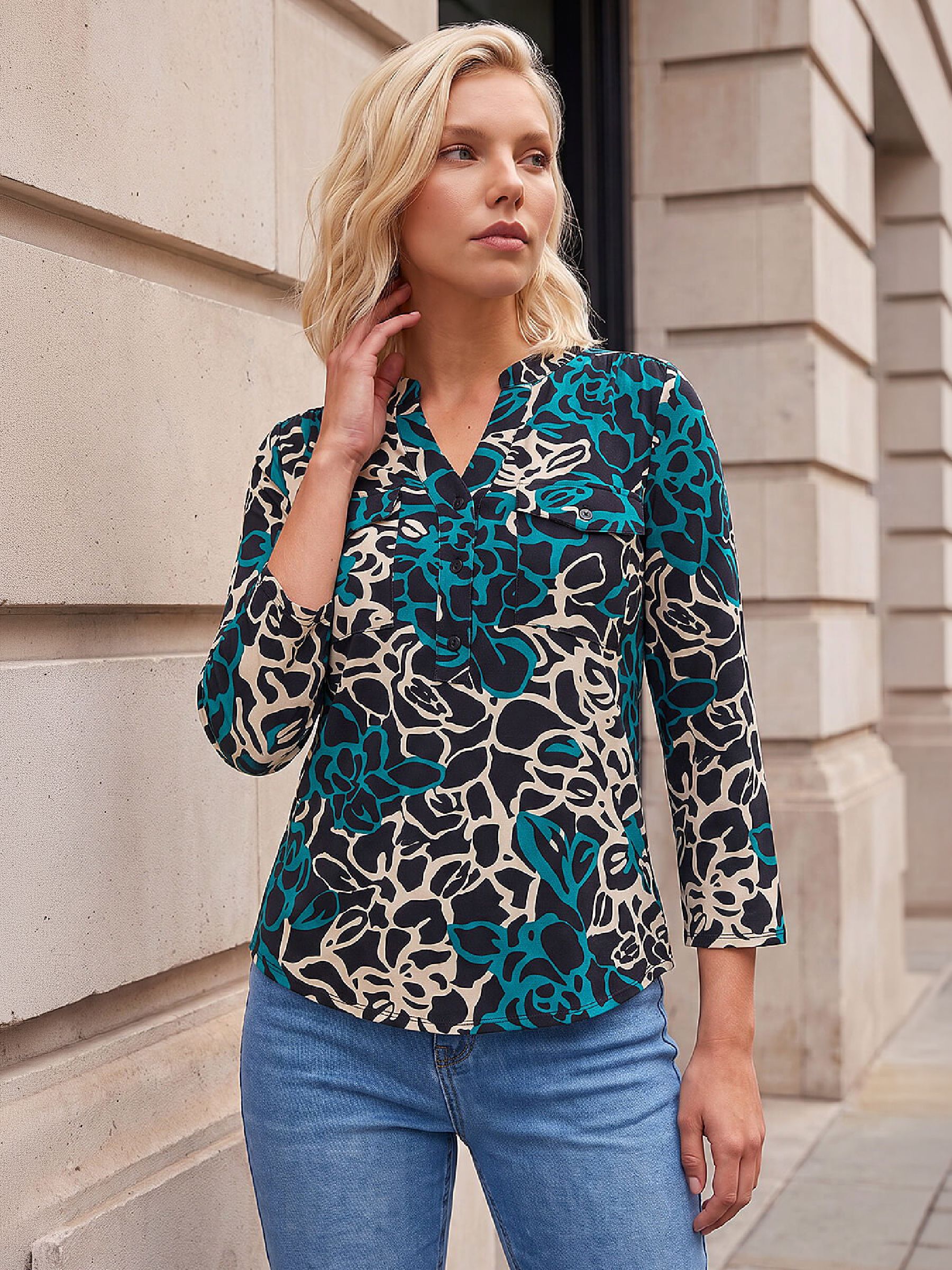 Roman Women's Black Petite Abstract Print Button Top In Size 16 - Image 6
