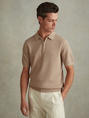 Gri-maroniu - Cămașă polo texturată cu fermoar pe jumătate și model Blend bumbac Reiss Burnham - Image 1 of 6