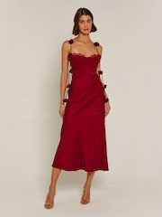Rare London Red Petal Strap Satin Jacquard Maxi Dress - Image 1 of 5
