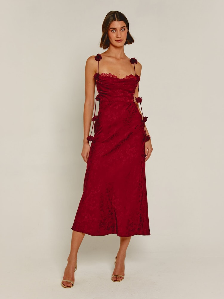 Rare London Red Petal Strap Satin Jacquard Maxi Dress - Image 1 of 5 Rare London Red Petal Strap Satin Jacquard Maxi Dress - Image 1 of 5