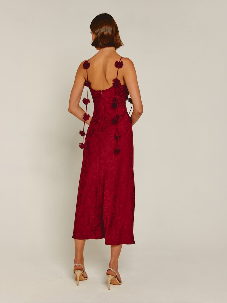 Rare London Red Petal Strap Satin Jacquard Maxi Dress - Image 2 of 5 Rare London Red Petal Strap Satin Jacquard Maxi Dress - Image 2 of 5