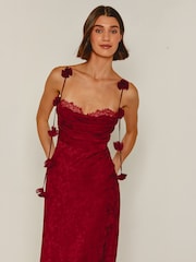 Rare London Red Petal Strap Satin Jacquard Maxi Dress - Image 3 of 5