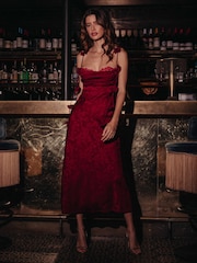 Rare London Red Petal Strap Satin Jacquard Maxi Dress - Image 4 of 5
