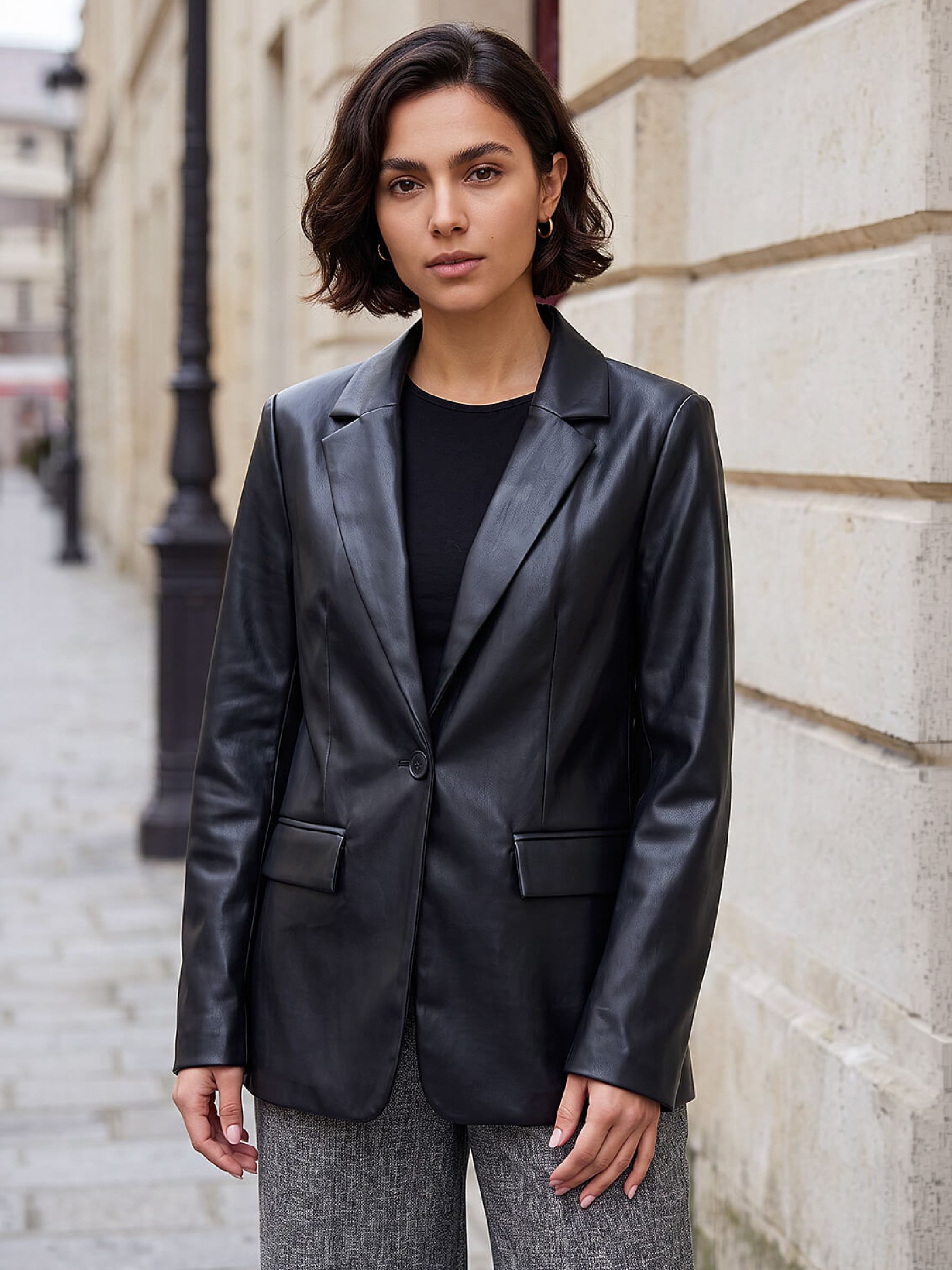 Roman Women's Black Single Breasted Pu Blazer - Image 1