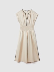 Reiss Neutral/Black Lena Cotton Ruched Waist Midi Dress - Image 2 of 6