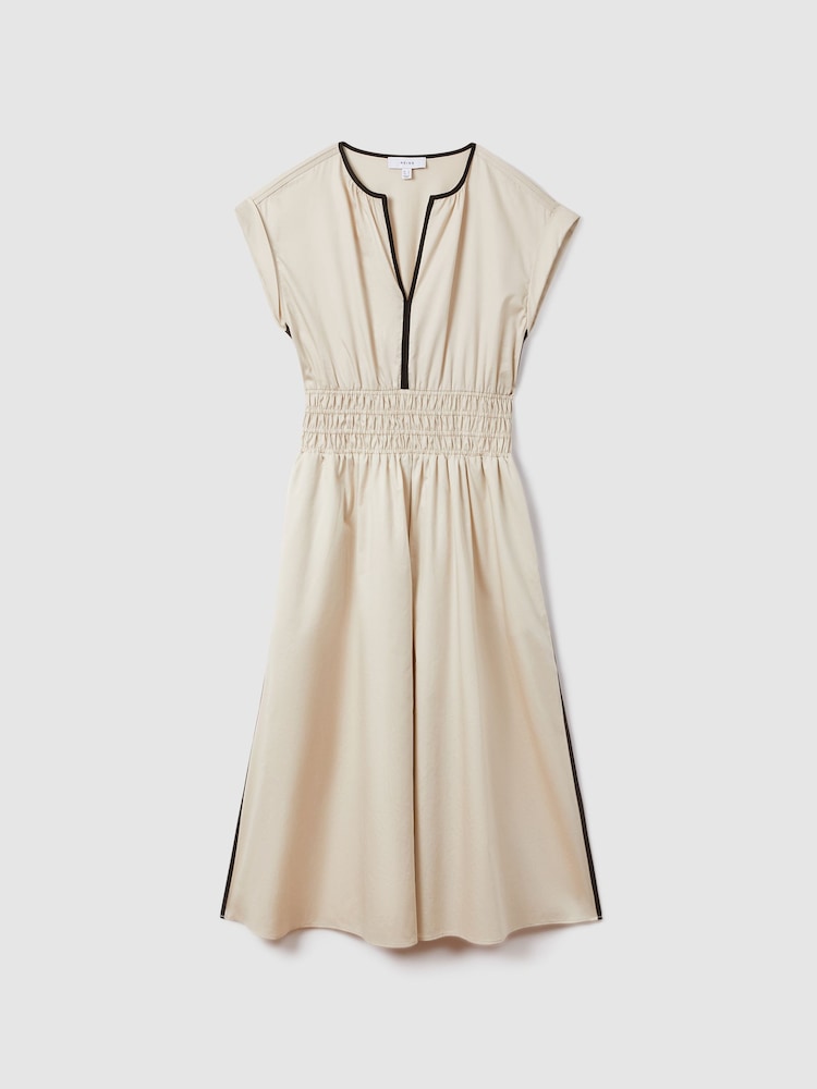 Reiss Neutral/Black Lena Cotton Ruched Waist Midi Dress - Image 2 of 6