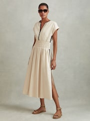 Reiss Neutral/Black Lena Cotton Ruched Waist Midi Dress - Image 3 of 6
