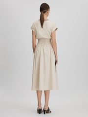 Reiss Neutral/Black Lena Cotton Ruched Waist Midi Dress - Image 5 of 6