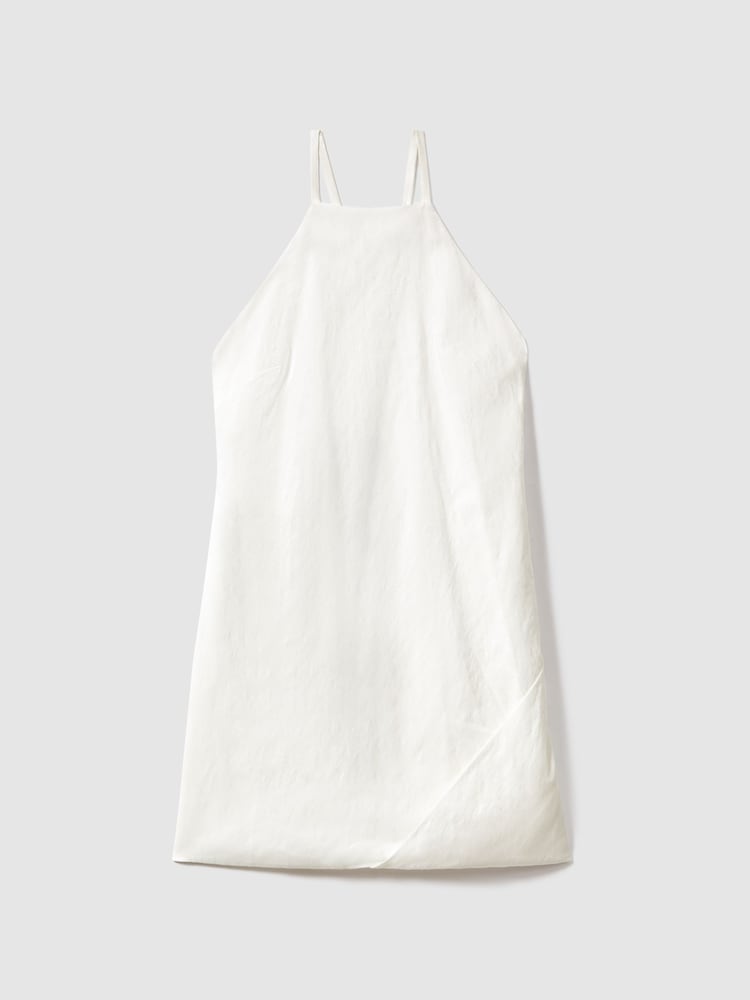 Reiss White India Lyocell Blend With Linen Wrap Detail Mini Dress - Image 2 of 6