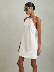 Reiss White India Lyocell Blend With Linen Wrap Detail Mini Dress - Image 3 of 6