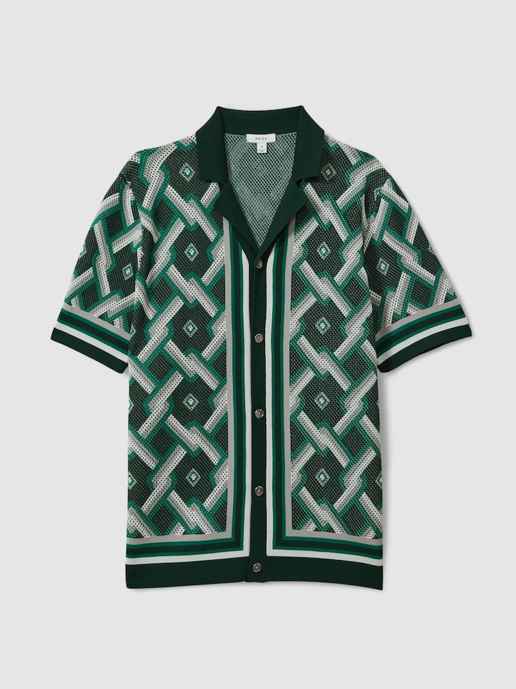 Reiss Green Multi Hyde Knitted Cuban Collar Shirt - Image 2 of 6
