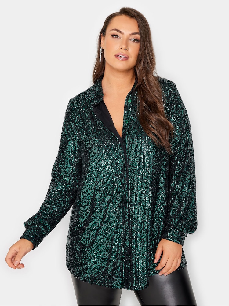 Yours Curve Green London Sequin Shirt - Image 1 of 4