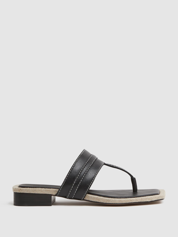 Reiss Black Quinn Leather Strap Thong Sandals - Image 1 of 5