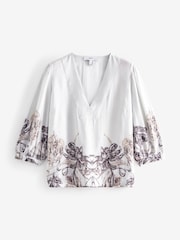 White/Black Floral Placement Linen Blend V-Neck 3/4 Sleeve Blouse - Image 5 of 6