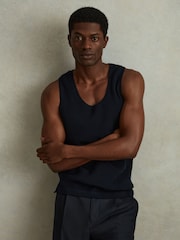 Reiss Navy Velo Open-Stitch Cotton Vest - Image 1 of 6