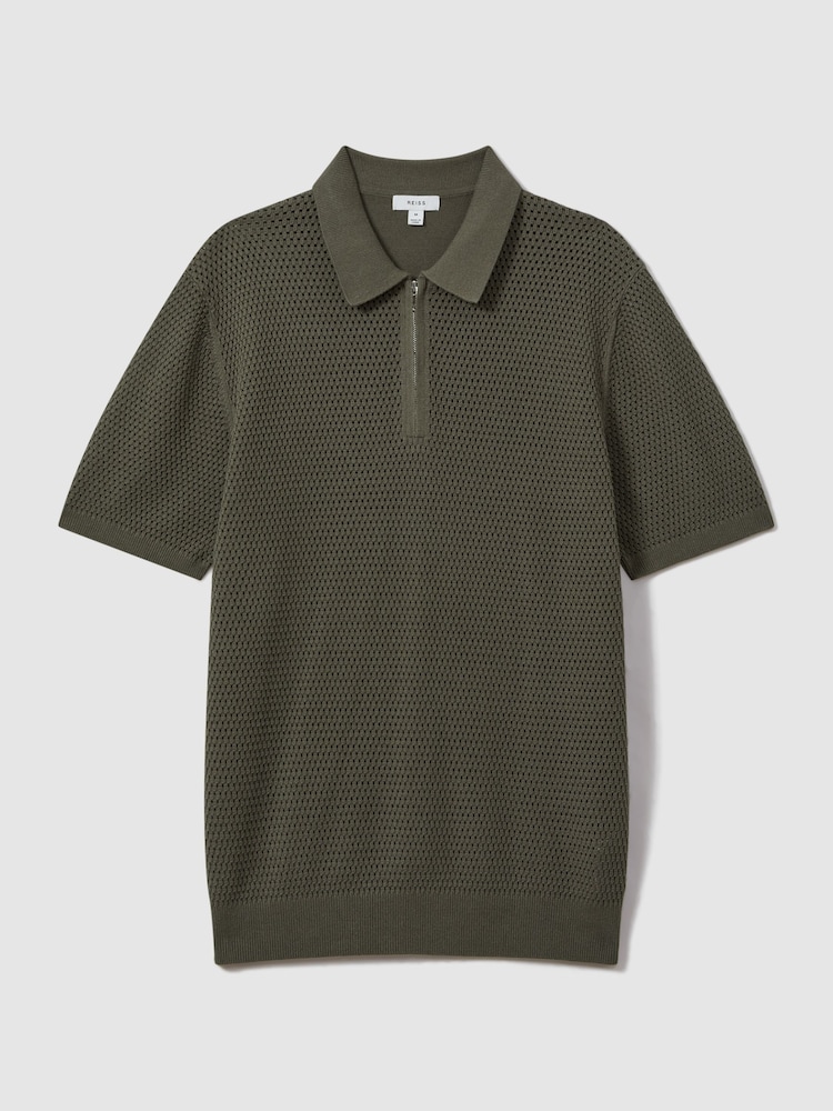 Reiss Dark Sage Burnham Cotton Blend Textured Half-Zip Polo Shirt - Image 2 of 6 Reiss Dark Sage Burnham Cotton Blend Textured Half-Zip Polo Shirt - Image 2 of 6