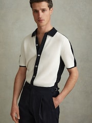 Reiss Navy/Optic White Misto Cotton Blend Open Stitch Shirt - Image 1 of 5