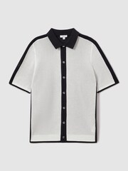 Reiss Navy/Optic White Misto Cotton Blend Open Stitch Shirt - Image 2 of 5