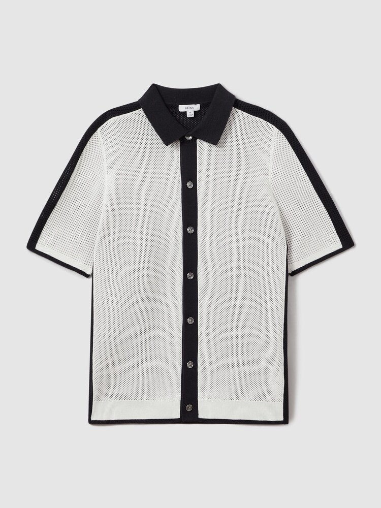 Reiss Navy/Optic White Misto Cotton Blend Open Stitch Shirt - Image 2 of 5
