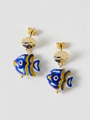 Oliver Bonas Blue Donya Stripe Fish Charm Drop Hammered Stud Earrings - Image 1 of 3