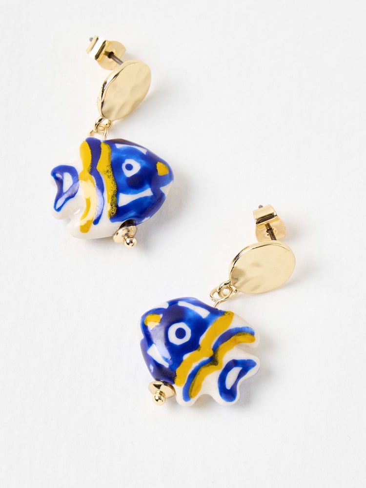 Oliver Bonas Blue Donya Stripe Fish Charm Drop Hammered Stud Earrings - Image 3 of 3