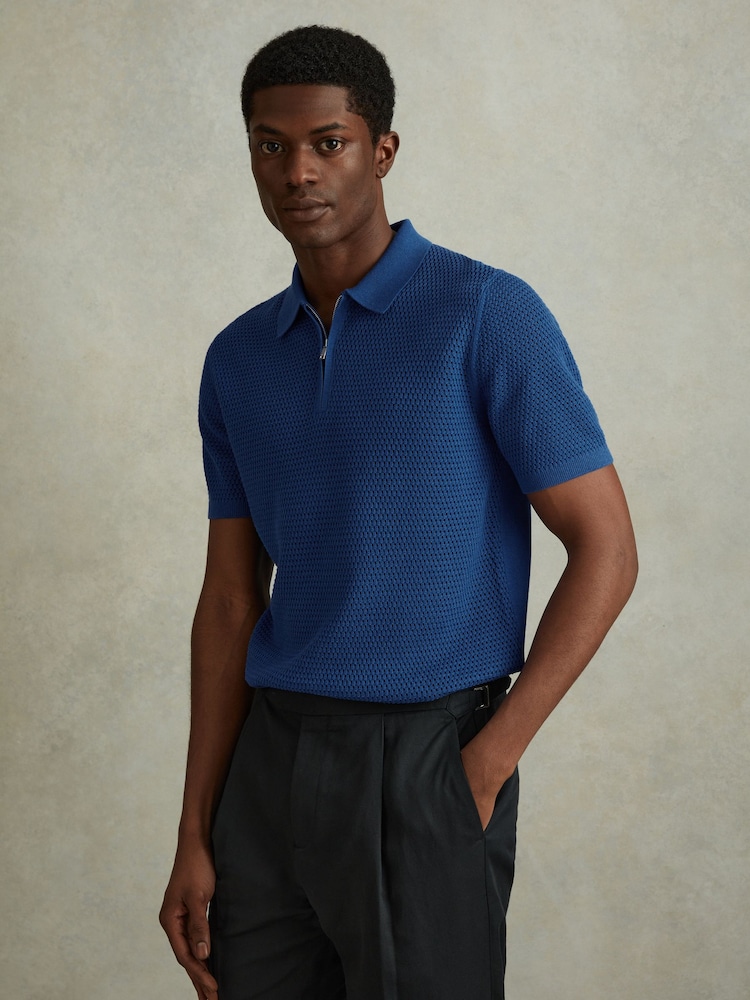 Reiss Bright Blue Burnham Cotton Blend Textured Half Zip Polo Shirt - Image 1 of 6