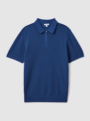 Reiss Bright Blue Burnham Cotton Blend Textured Half Zip Polo Shirt - Image 2 of 6