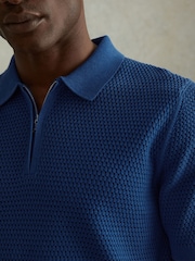 Reiss Bright Blue Burnham Cotton Blend Textured Half Zip Polo Shirt - Image 4 of 6