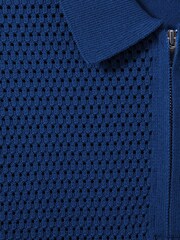 Reiss Bright Blue Burnham Cotton Blend Textured Half Zip Polo Shirt - Image 6 of 6