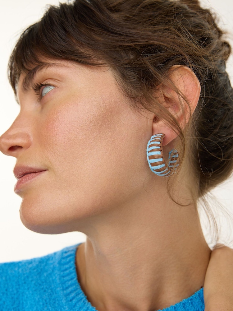 Oliver Bonas Blue Tayla Blue & Brown Woven Stripe Hoop Earrings - Image 4 of 4