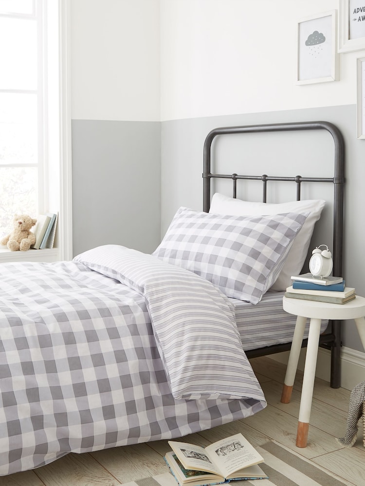 Bianca Grey Cotton Check and Stripe Fitted Sheet - Image 2 of 3