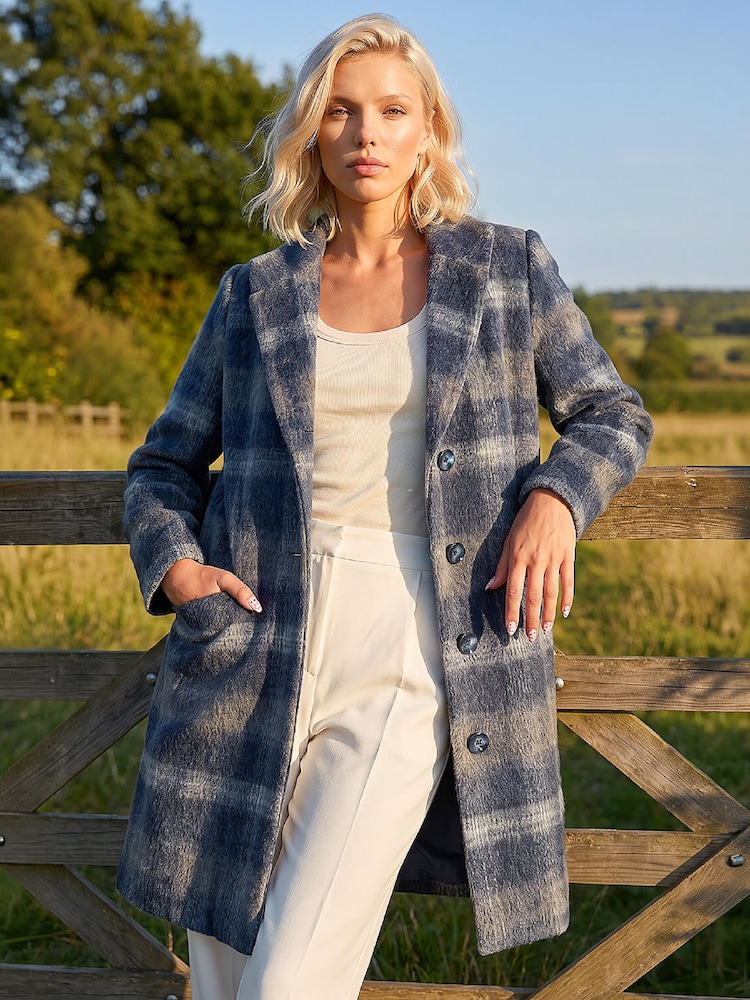 Roman Blue Petite Check Coat - Image 1 of 1 Roman Blue Petite Check Coat - Image 1 of 1