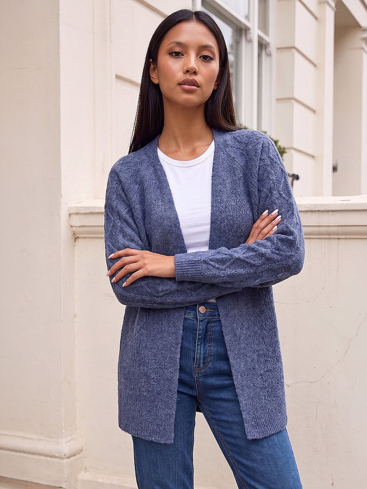 Roman Blue Petite Contrast Cable Knit Cardigan - Image 1 of 4 Roman Blue Petite Contrast Cable Knit Cardigan - Image 1 of 4