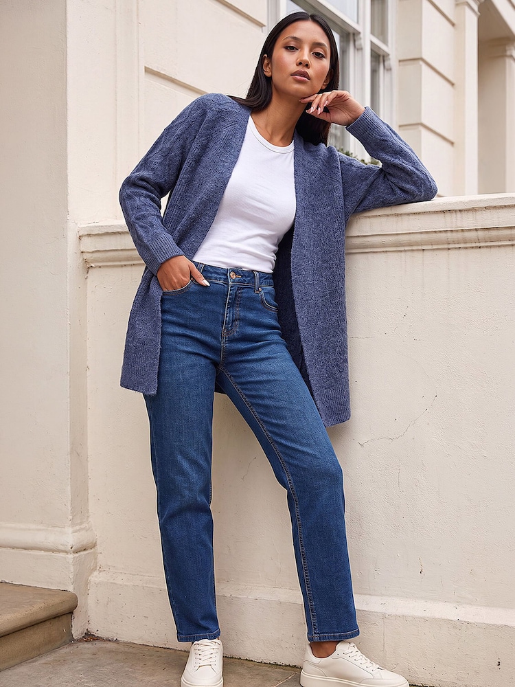 Roman Blue Petite Contrast Cable Knit Cardigan - Image 2 of 4 Roman Blue Petite Contrast Cable Knit Cardigan - Image 2 of 4