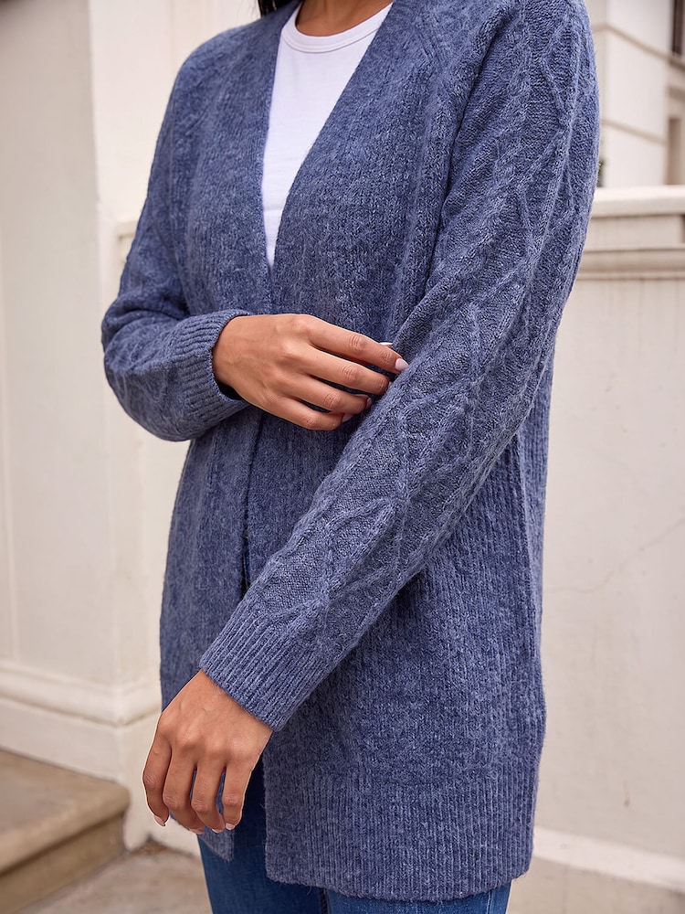 Roman Blue Petite Contrast Cable Knit Cardigan - Image 4 of 4 Roman Blue Petite Contrast Cable Knit Cardigan - Image 4 of 4