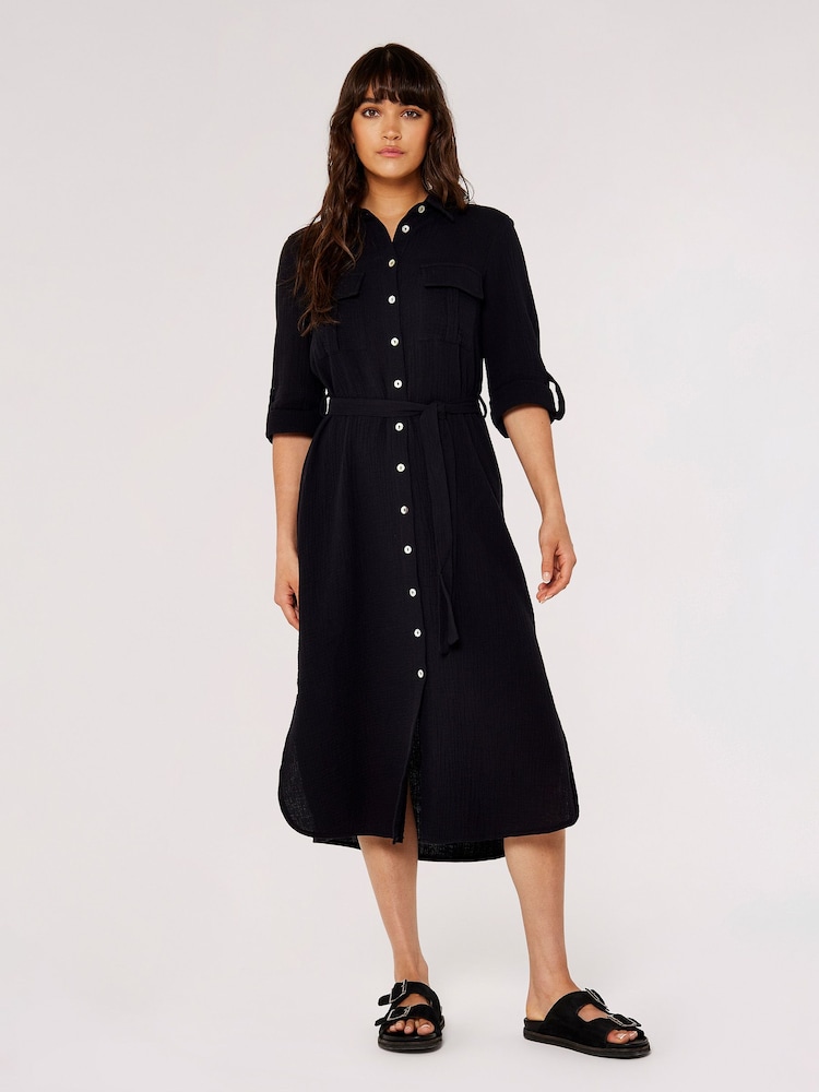 Apricot Black 2 Pocket Midi Shirt Dress - Image 1 of 4