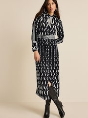 Black/White Moon Print Long Sleeve Column Midi Dress - Image 1 of 5