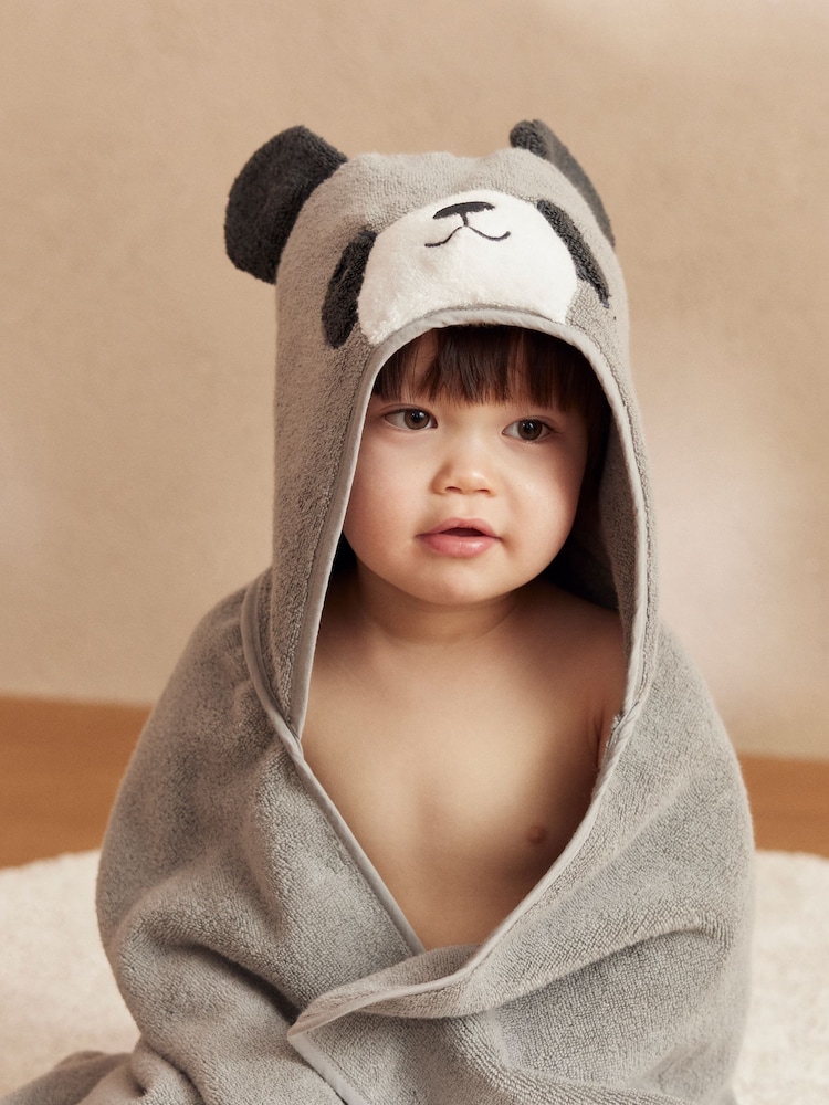MORI Grey Panda Bear Organic Cotton Super Soft Kids Hooded Towel - Image 1 of 4